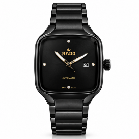 Rado automatic watch with black metal bracelet on a clean white studio background