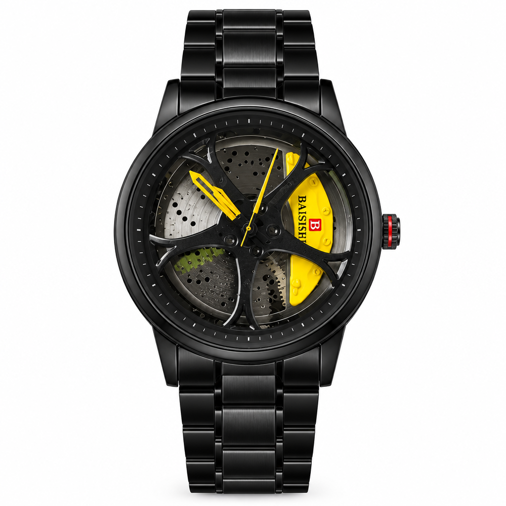 BAISHEI black skeleton dial watch with yellow accents and black metal bracelet, front-facing hero shot on white background