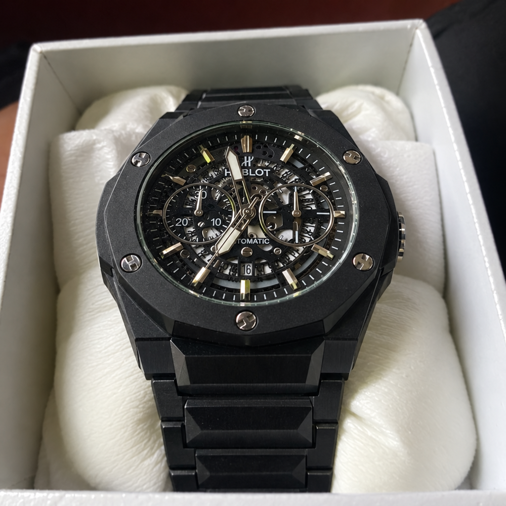 HUBLOT black skeleton watch with black case, low tilted angle, in presentation box