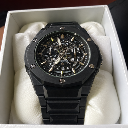 HUBLOT black skeleton watch with black case, low tilted angle, in presentation box