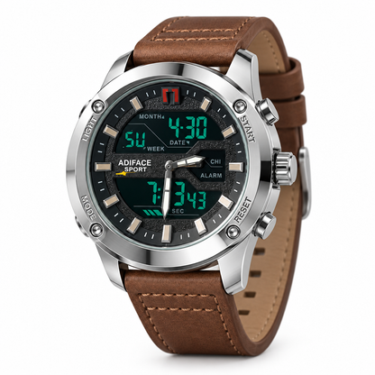 ADIFACE Sport digital analog watch with brown leather strap, three-quarter side angle showing crown and case