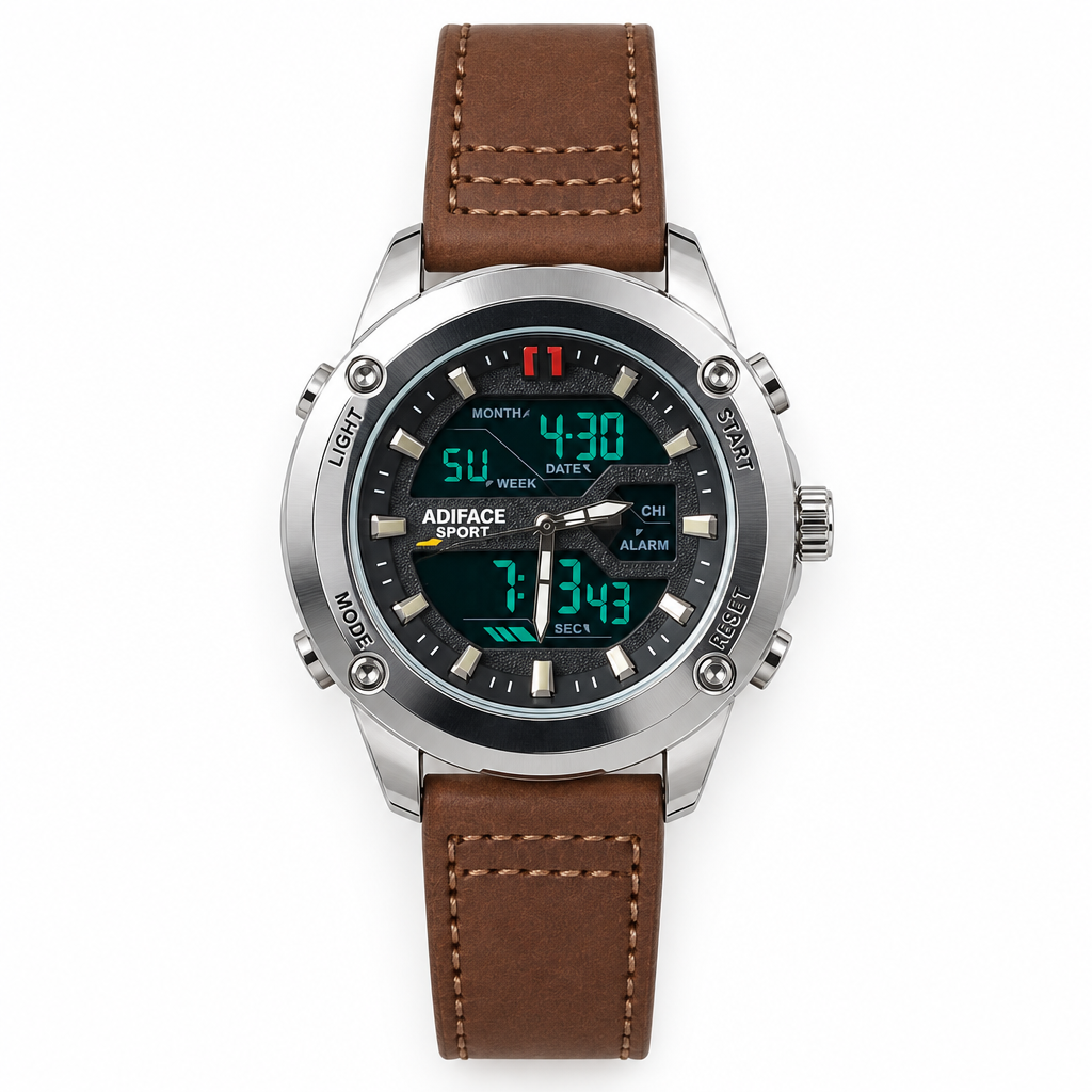 ADIFACE Sport digital analog watch with brown leather strap, flat lay top-down view