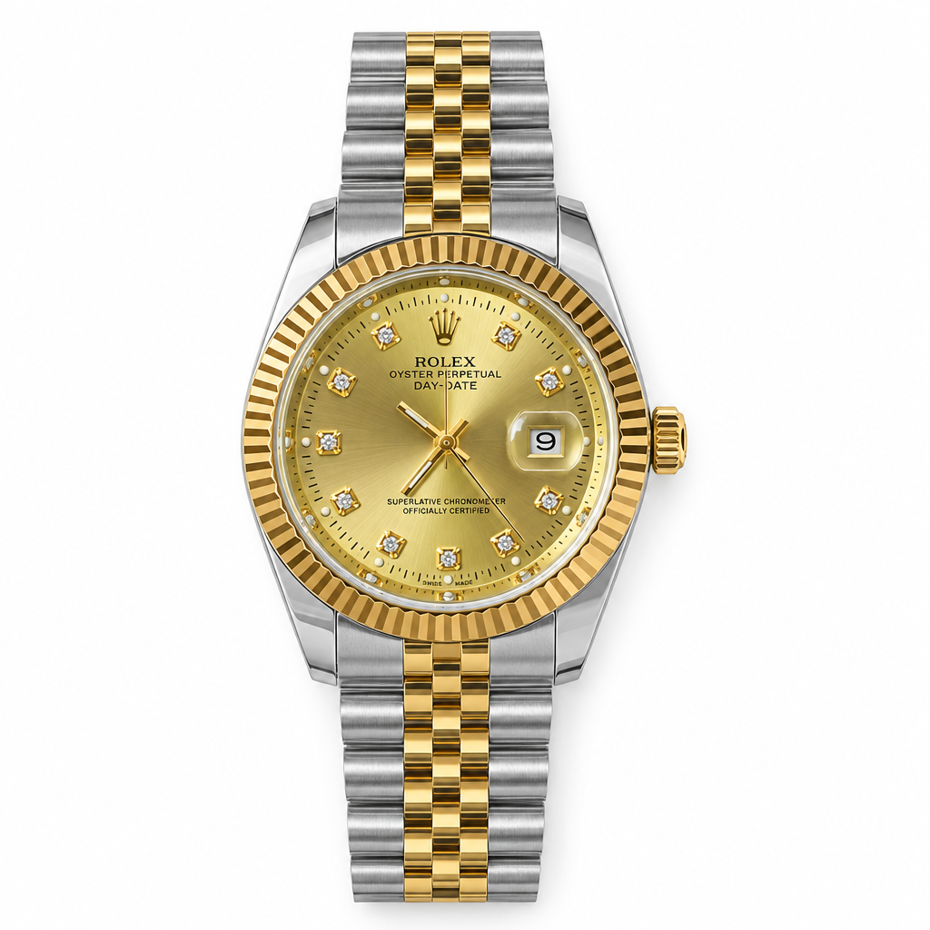 ROLEX Oyster Perpetual Day-Date with gold dial, crystal markers, gold fluted bezel, and two-tone metal bracelet, flat lay top-down view