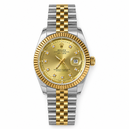 ROLEX Oyster Perpetual Day-Date with gold dial, crystal markers, gold fluted bezel, and two-tone metal bracelet, flat lay top-down view