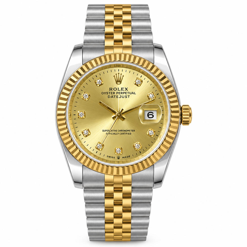 ROLEX Oyster Perpetual Day-Date with gold dial, crystal markers, gold fluted bezel, and two-tone metal bracelet, front-facing hero shot on white background