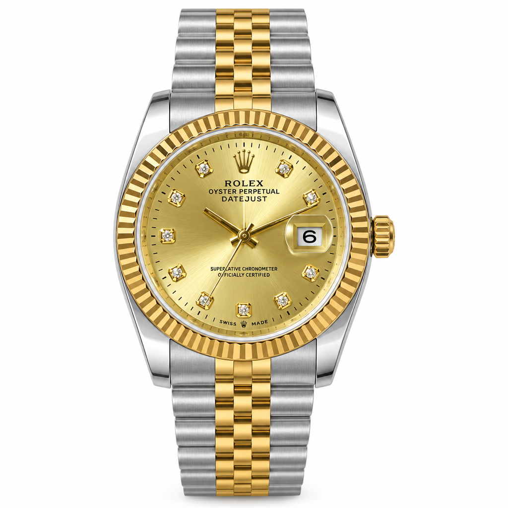 ROLEX Oyster Perpetual Day-Date with gold dial, crystal markers, gold fluted bezel, and two-tone metal bracelet, front-facing hero shot on white background