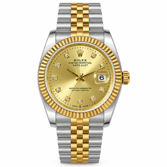 ROLEX Oyster Perpetual Day-Date with gold dial, crystal markers, gold fluted bezel, and two-tone metal bracelet, front-facing hero shot on white background