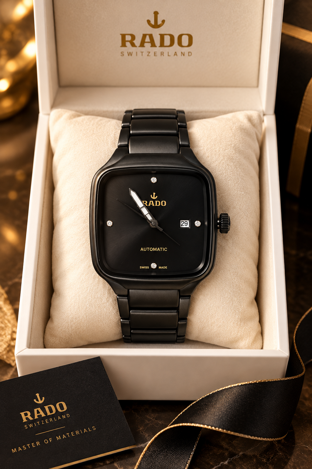 Rado automatic watch presented in its open white gift box with soft cushioning