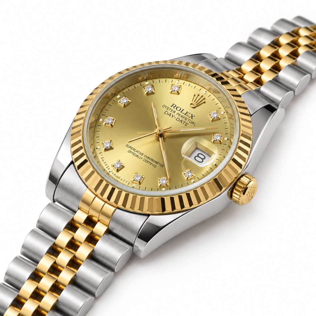 ROLEX Oyster Perpetual Day-Date with gold dial, crystal markers, gold fluted bezel, and two-tone metal bracelet, low tilted side angle