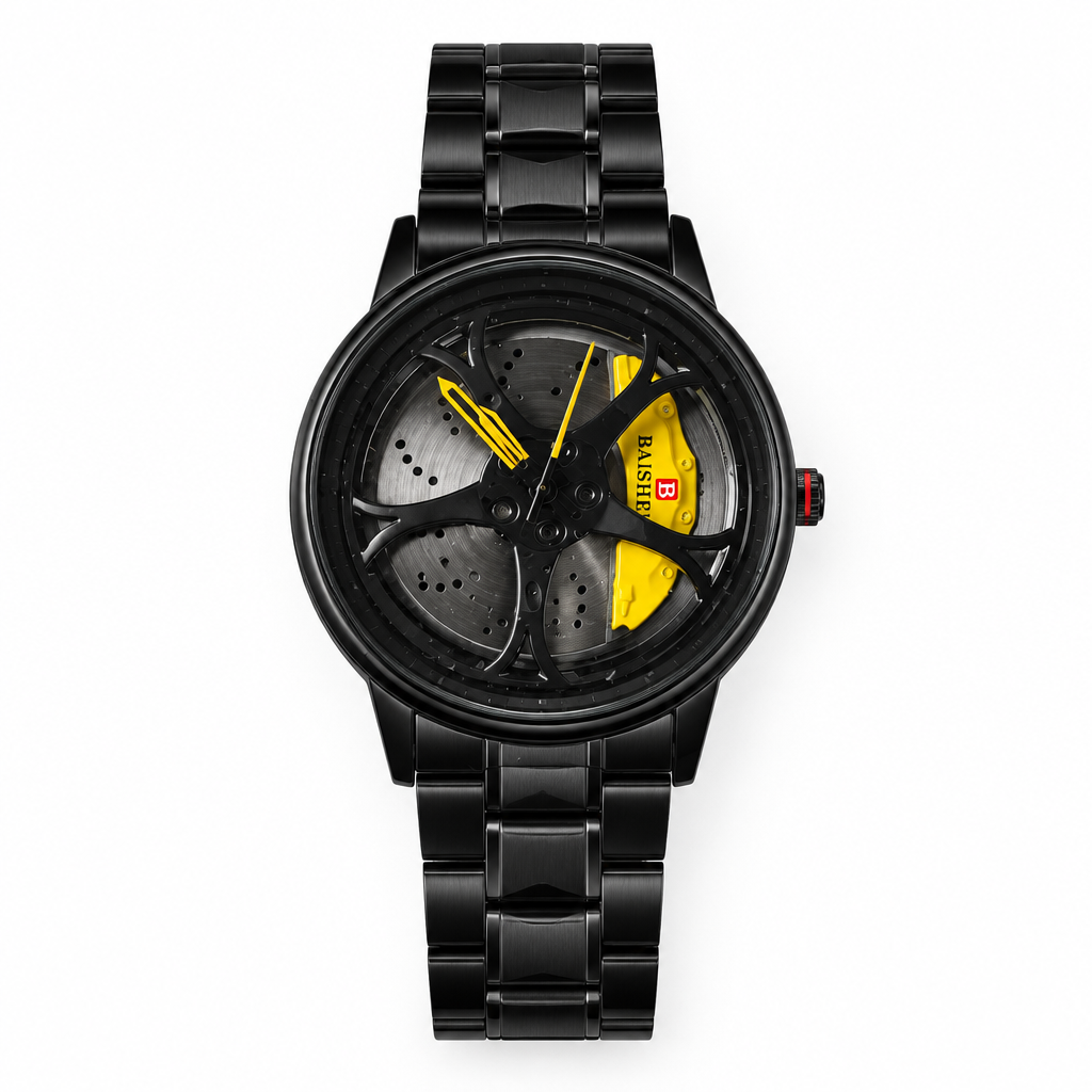 BAISHEI black skeleton dial watch with yellow accents and black metal bracelet, flat lay top-down view