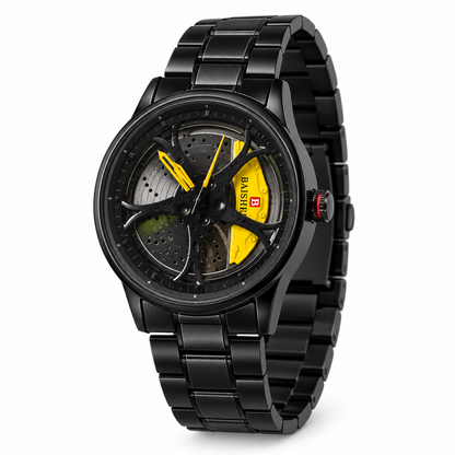 BAISHEI black skeleton dial watch with yellow accents and black metal bracelet, three-quarter side angle showing crown and case