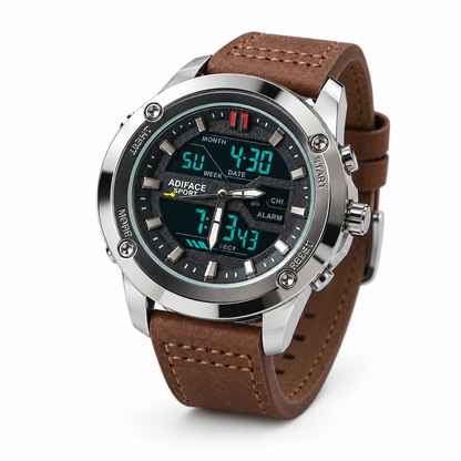 ADIFACE Sport digital analog watch with brown leather strap, low tilted side angle