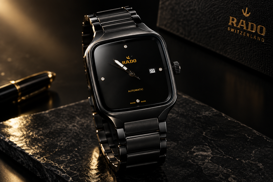 Rado automatic watch styled on a dark elegant surface with dramatic lighting