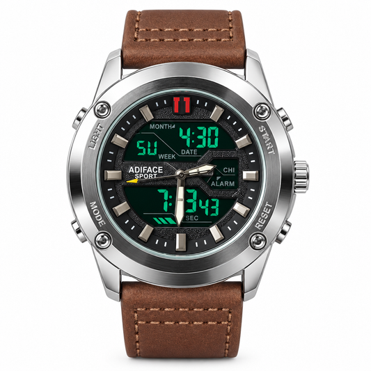 ADIFACE Sport digital analog watch with brown leather strap, front-facing hero shot on white background
