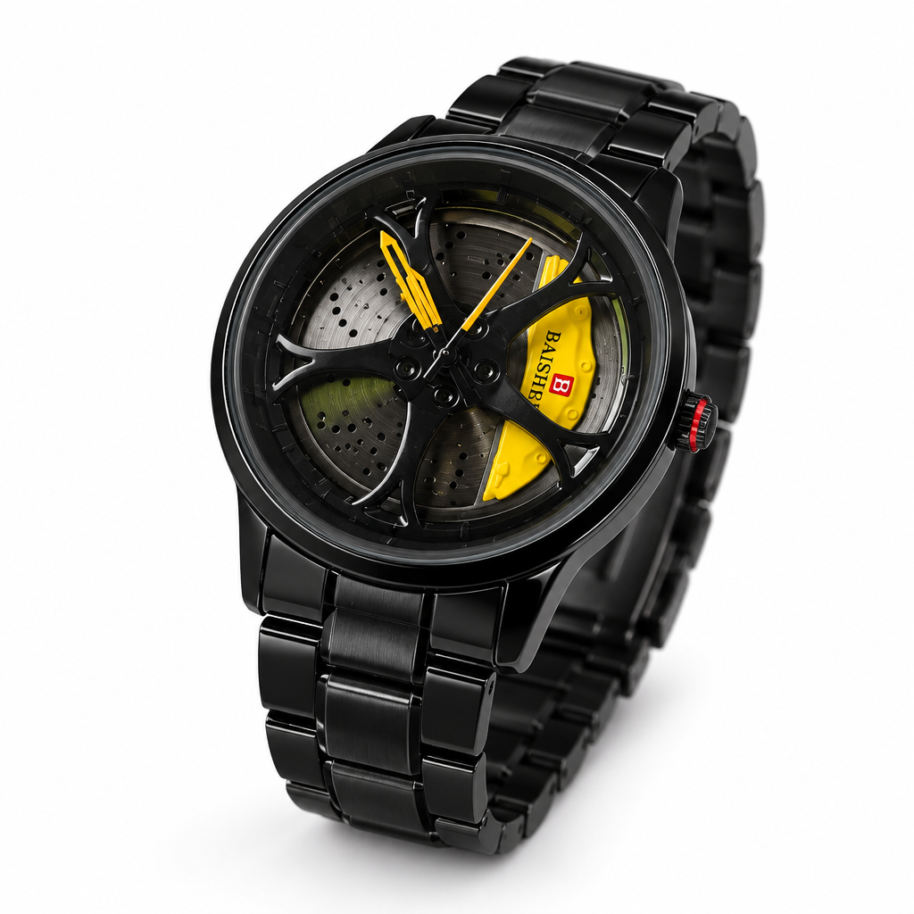 BAISHEI black skeleton dial watch with yellow accents and black metal bracelet, low tilted side angle
