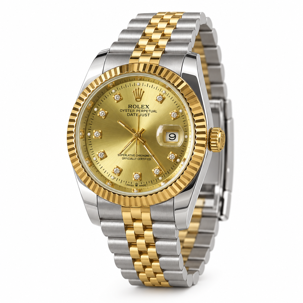 ROLEX Oyster Perpetual Day-Date with gold dial, crystal markers, gold fluted bezel, and two-tone metal bracelet, three-quarter side angle showing crown and case